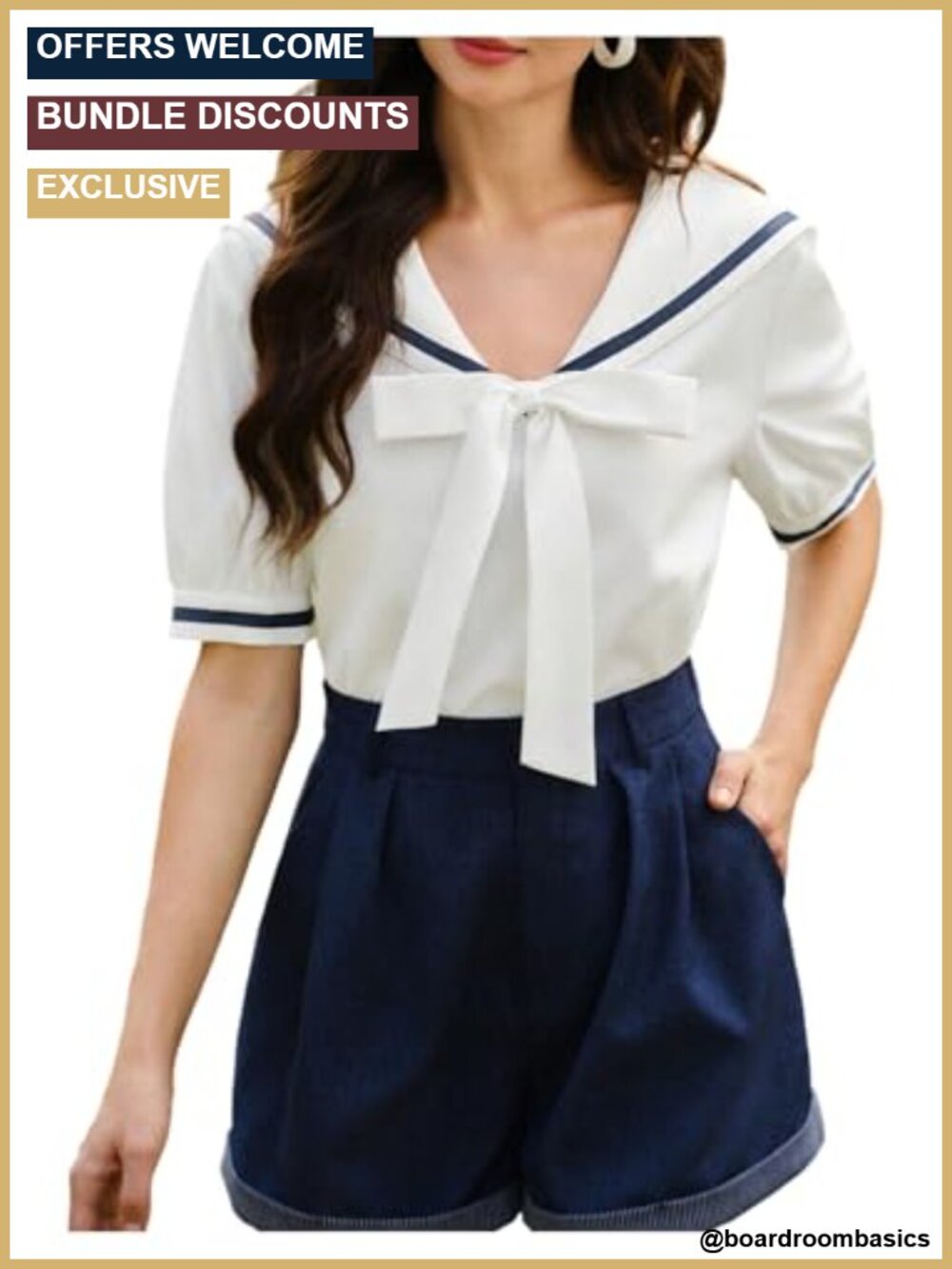 Floerns Bowknot Sailor Collar Blouse Short Sleeve Dressy Top Women's